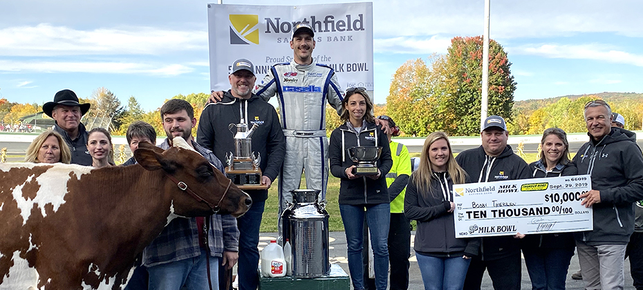 Team NSB presenting the Milk Bowl and a $10,000 check to the 2019 Vermont Milk Bowl winner, Bobby Therrien. 